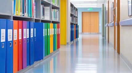 Poster - A brightly colored hallway lined with filing cabinets and shelves, leading to a closed door, creating a vibrant and organized atmosphere.A close-up of medical records in a file cabinet, focusing on th
