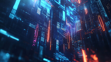 Fototapete - A vibrant abstract digital landscape featuring glowing lines and data patterns in blue, orange, and red, evoking a futuristic technology theme.