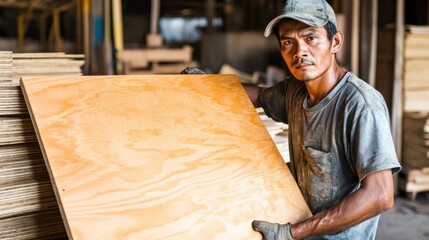 Aufkleber - Man carries a large plywood sheet inside a woodworking shop
