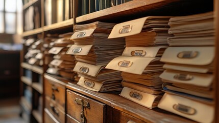 Poster - A cozy library with neatly stacked files and wooden shelves, showcasing a collection of organized documents in a warm, inviting setting.A close-up of medical records in a file cabinet, focusing on the