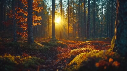 Poster - Autumn forest illuminated by sunlight through trees and fallen leaves