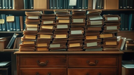 Poster - A cluttered desk piled high with organized stacks of folders, set against a backdrop of shelves filled with neatly arranged books.A close-up of medical records in a file cabinet, focusing on the vario