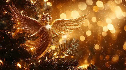 Poster - Golden angel ornament on a decorated Christmas tree, with twinkling lights in background
