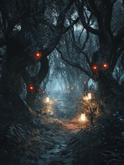 A haunted forest with twisted trees and glowing red eyes in the darkness