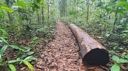 Poster - Fallen tree trunk blocking the path in a dense forest