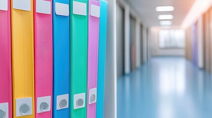 Poster - Colorful folders lined up in a bright hallway, suggesting organization and a professional environment.A close-up of medical records in a file cabinet, focusing on the various files and documents, symb
