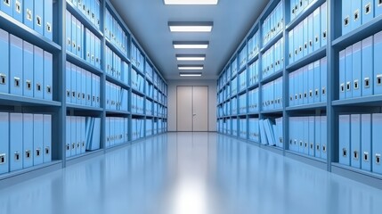 Poster - A modern archive room with blue file cabinets lining the walls, creating an organized and spacious atmosphere.A close-up of medical records in a file cabinet, focusing on the various files and documen