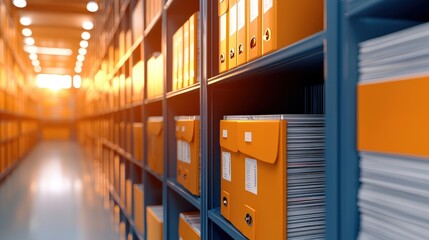 Poster - A well-organized storage room featuring orange file boxes and neatly stacked papers, illuminated by soft light.A close-up of medical records in a file cabinet, focusing on the various files and docume