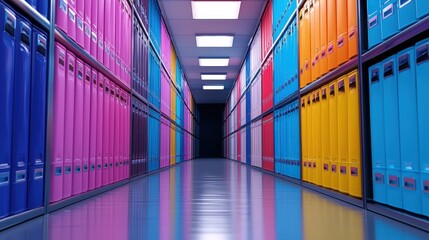 Poster - a colorful corridor lined with filing cabinets, creating a vibrant and organized space for document 