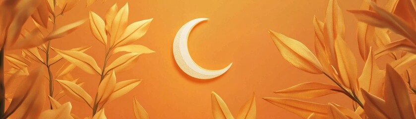 Poster - A crescent moon is centered with orange leaves surrounding it