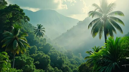 Fototapete - A lush green jungle with a mountain in the background. There are palm trees in the foreground. The sky is cloudy