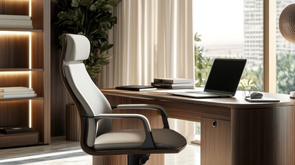 Poster - A well-lit work desk with a comfortable chair, a laptop, wireless mouse, and an elegant wooden desk organizer, surrounded by modern office decor and natural light