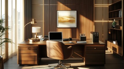 Poster - A well-lit work desk with a comfortable chair, a laptop, wireless mouse, and an elegant wooden desk organizer, surrounded by modern office decor and natural light