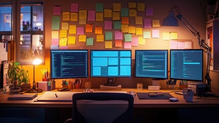 Poster - A well-organized workspace featuring multiple monitors, a task lamp, and a row of sticky notes on the wall