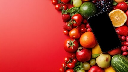 A smartphone lies amid a colorful array of fresh fruits, illustrating a fusion of technology and nature while highlighting the importance of modern lifestyle choices and connectivity.