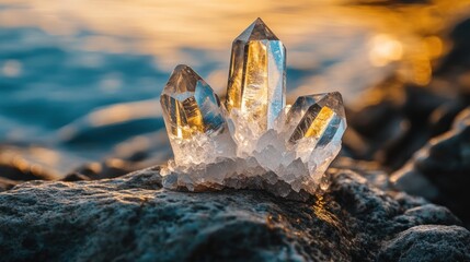 Poster - Crystal Cluster Glistens on Rocky Shore at Sunset