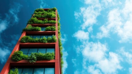 Poster - This stunning architectural image features a tall building covered in vibrant greenery, representing sustainability and a harmonious blend of urban and natural elements under a blue sky.