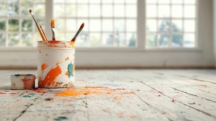 Poster - A creative scene showcasing paint brushes in a can with vibrant color splashes on the floor, symbolizing artistic expression and the joy of creativity in the workspace.