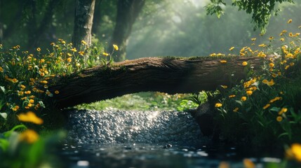 Poster - Mossy log crosses a sparkling stream in a lush forest