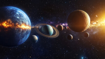 high quality solar system space planets, flat universe vector illustration.
