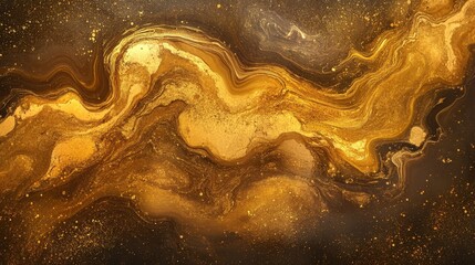 Poster - an artistic golden abstract background with flowing liquid-like textures and reflective highlights, 