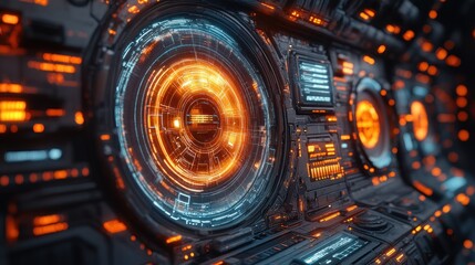 Futuristic spaceship cockpit displays glowing orange-blue interface