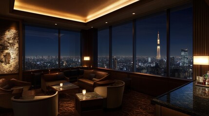 Poster - An elegant hotel bar with large windows, offering panoramic views of the city skyline, plush seating, and a cocktail menu featuring exclusive drinks for guests to enjoy