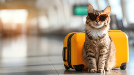  This playful image features a stylish cat wearing sunglasses, accompanying a vibrant yellow suitcase, capturing a fun moment of travel and the joy of exploring new places.