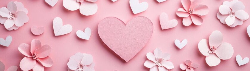 Poster - Paper hearts and flowers arranged on light pink background