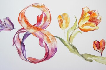 Poster - Beautiful watercolor illustration of the number eight intertwined with vibrant tulips and blossoms, showcasing floral elegance and seasonal freshness