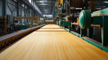 Poster - Wood boards move along an industrial conveyor belt machine
