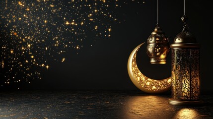 Aufkleber - Golden Ramadan Lanterns and Crescent Moon with Sparkling Stars