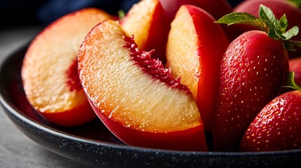 Wall Mural - Sliced Peaches and Strawberries on Black Plate against Gray Background