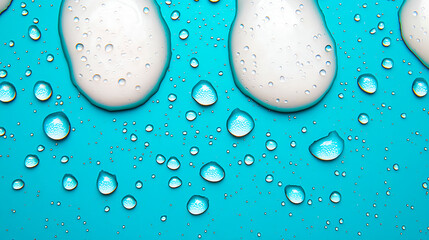 Close-up of water droplets on a vibrant turquoise surface