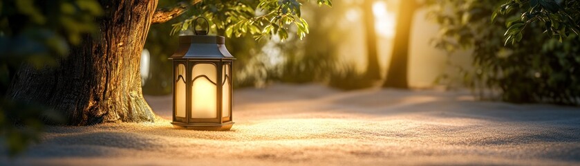 Poster - Lit lantern stands near tree in peaceful outdoor scene