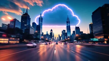 Poster - cloud data storage concept, Vibrant city skyline at sunset with glowing clouds above skyscrapers, showcasing urban lights and dynamic atmosphere.