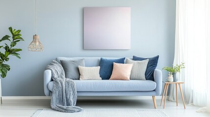 Poster - Light Blue Sofa Decorated With Pillows and Blanket