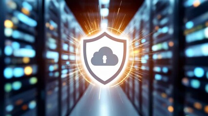 Poster - Secure cloud storage technology with shield symbol for data protection and server safety in modern storage solutions.
