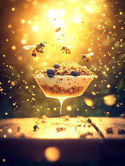 Wall Mural - Bees buzz around a floating bowl of granola yogurt and blueberries under a golden sun-drenched sky..