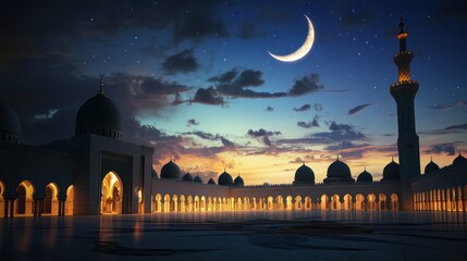 Poster - Majestic Mosque Courtyard Under Night Sky Crescent Moon