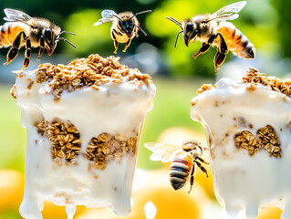 Wall Mural - Bees buzzing around parfaits with granola and creamy white layers set against a bright blurred background..