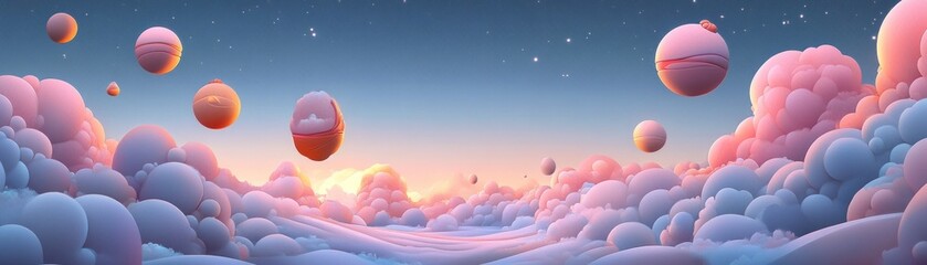 Poster - Dreamy landscape features fluffy clouds and whimsical floating spheres