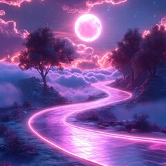 Wall Mural - glowing river path, moonlit fantasy landscape, dreamy clouds, digital art, phone wallpaper