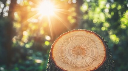 Aufkleber - Tree stump in the forest illuminated by sunlight and bokeh