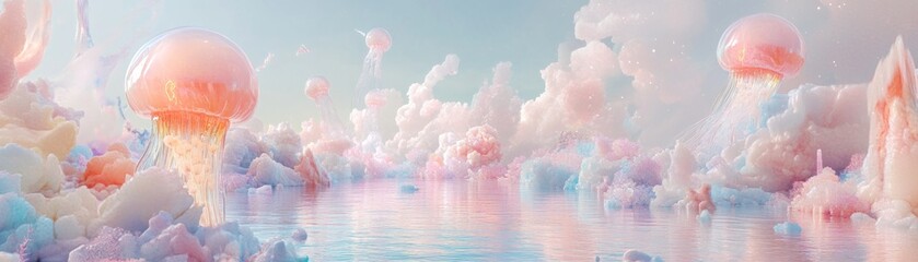 Poster - Dreamlike landscape with jellyfish floating above pastel colored formations