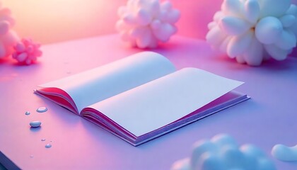 Poster - Open blank notebook on pink surface with pastel-colored 3D flower clusters.