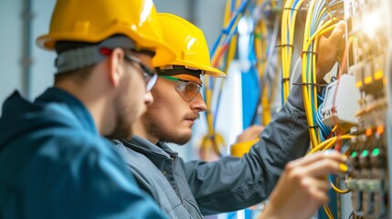 Wall Mural - electrician and engineer work on an electrical circuit with many cables for communication and data transfer