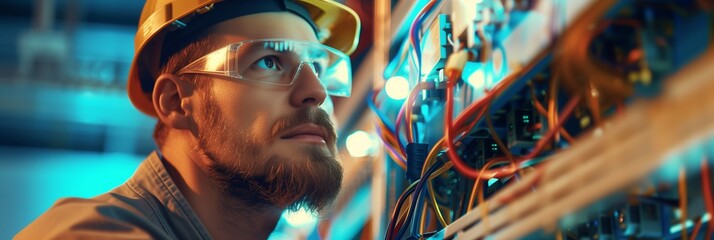 Wall Mural - electrician and engineer work on an electrical circuit with many cables for communication and data transfer