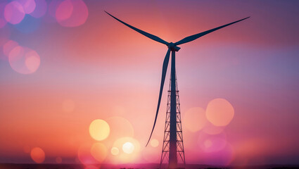 Wall Mural - bright sunset behind a wind turbine with vibrant colors and soft bokeh effects in the sky
