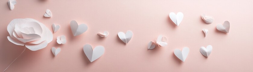 Poster - Delicate paper flower and floating hearts adorn a pale backdrop